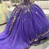 Off-Shoulder Ball Gown with 3D Floral Lace Appliques & Beaded Purple Tulle Perfect for Quinceanera Sweet 16 or Birthday Princess